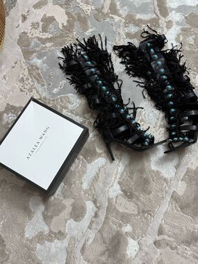 Azaleia Wang Black Lace-Up Fringe Boots with Turquoise Studs